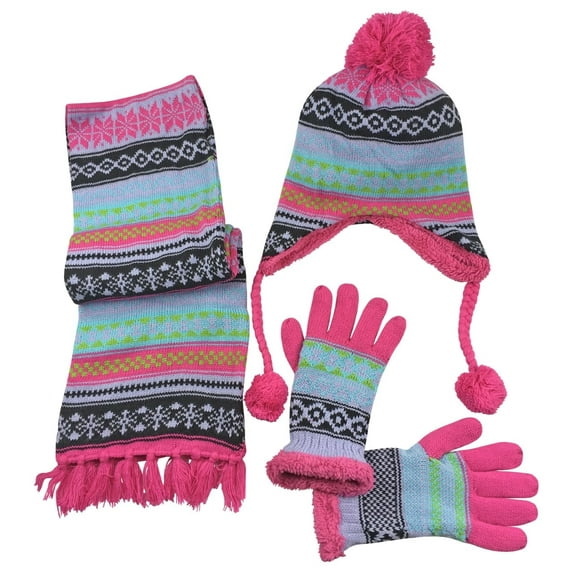 N'Ice Caps Girls' 3-Piece Sherpa Lined Geo Print Hat, Scarf and Gloves Winter Set - Female 8-12 Years