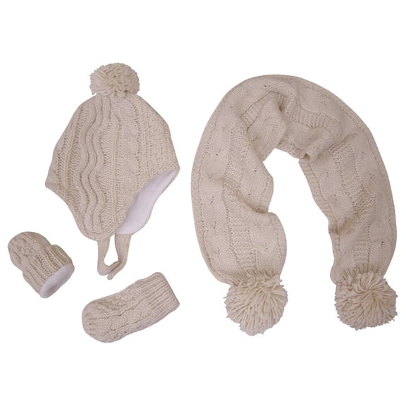 N'Ice Caps Girls Baby Geo Design Cable Knit 3 Piece Hat Scarf Glove Cold Weather Winter Set - White
