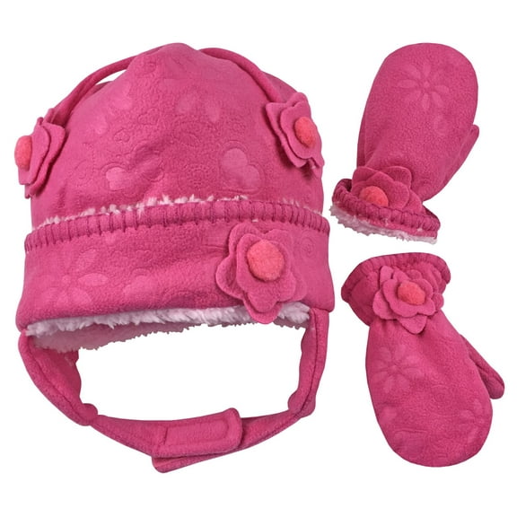 N'Ice Caps Girls Baby Toddler Hat Mitten Fleece Set - Winter Infant Kids Sherpa Lined Pink