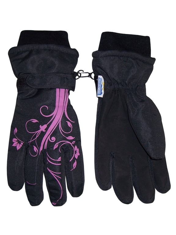 Girls Kids Thinsulate Waterproof Winter Flower Print Snow Ski Black Gloves, Female