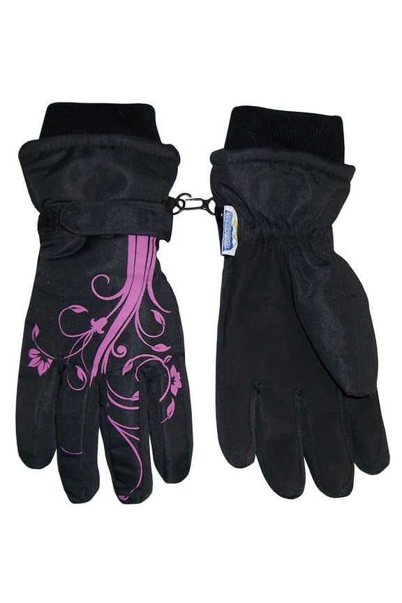 Girls Kids Thinsulate Waterproof Winter Flower Print Snow Ski Black Gloves, Female