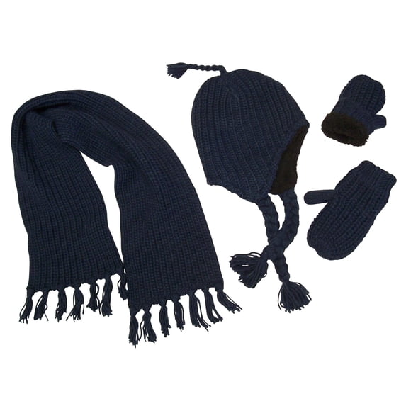 N'Ice Caps Kids Boys Cable Knit 3 Piece Hat Scarf Mitten Sherpa Lined Winter Set - Navy