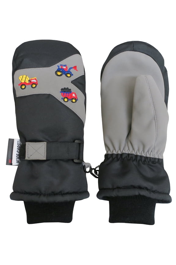 Kids Waterproof Thinsulate Winter Snow Mittens Trucks | Boys Toddlers Black