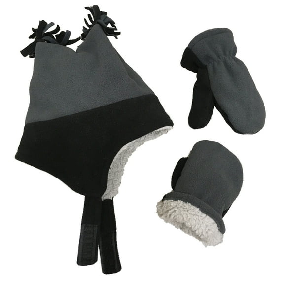 N'Ice Caps Little Boys Fleece Winter Hat Mittens Set Sherpa Lined - Toddlers Kids Black