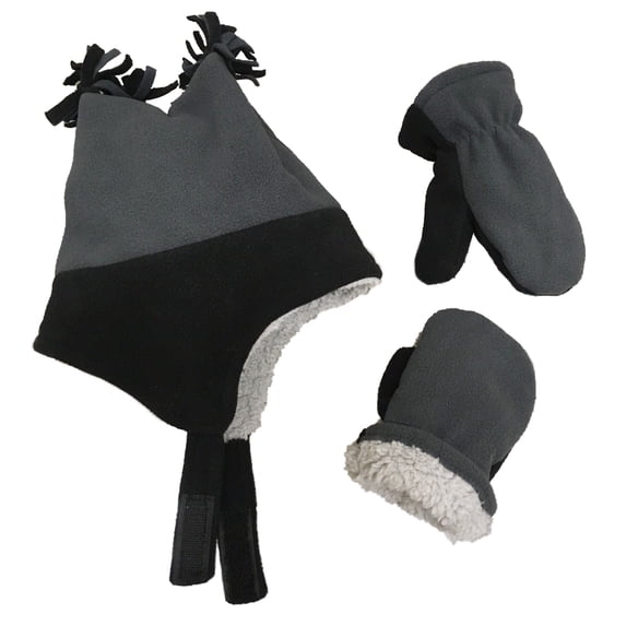 N'Ice Caps Little Boys Fleece Winter Hat Mittens Set Sherpa Lined - Toddlers Kids Black