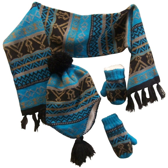 N'Ice Caps Little Boys Toddler Sherpa Lined Geo Print Hat Scarf Glove Knitted 3 Piece Winter Set - Blue