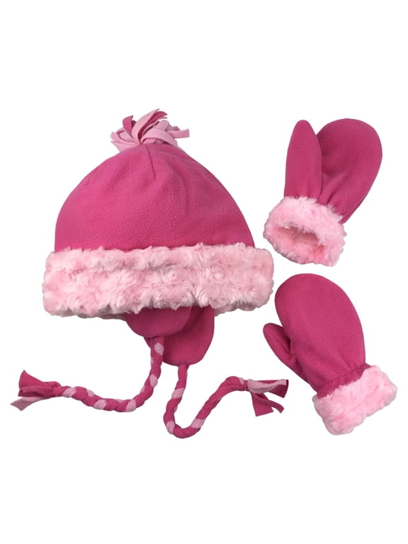 Little Girls Baby Velboa Fleece Hat & Mitten Winter Set - Toddler Kids Pink