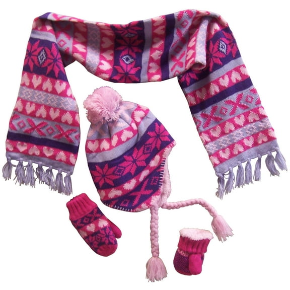 N'Ice Caps Little Girls Sherpa Lined Snowflake 3-Piece Winter Hat, Scarf & Glove Set, Pink