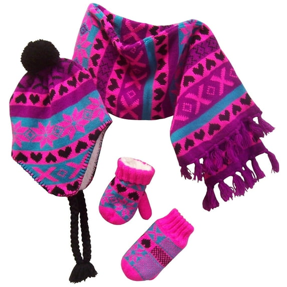 N'Ice Caps Little Girls Sherpa Lined Snowflake Print Hat Scarf Glove Knitted 3 Piece Winter Set - Pink