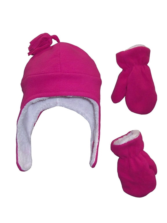 Little Girls Toddler Baby Soft Sherpa Lined Fleece Kids Hat Mitten Set Pink