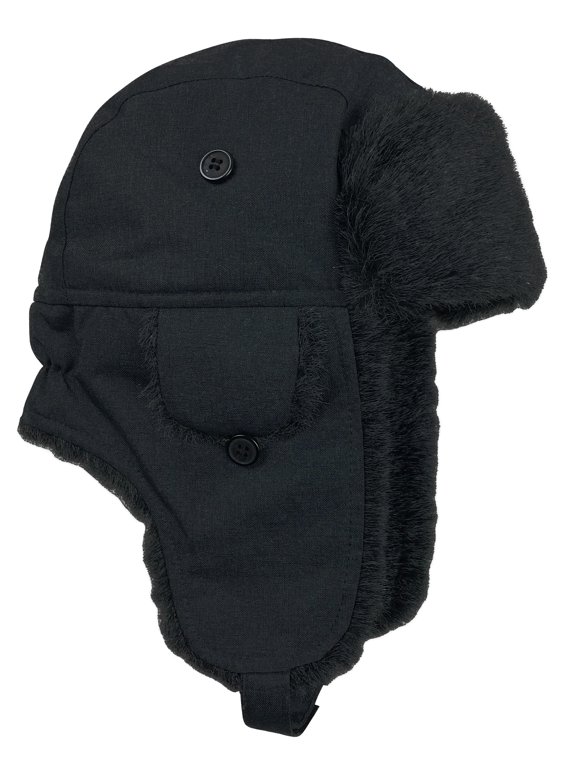 Men's Insulated Taslon Trapper Black Hat with Flaps - Winter Snow Ski Adults