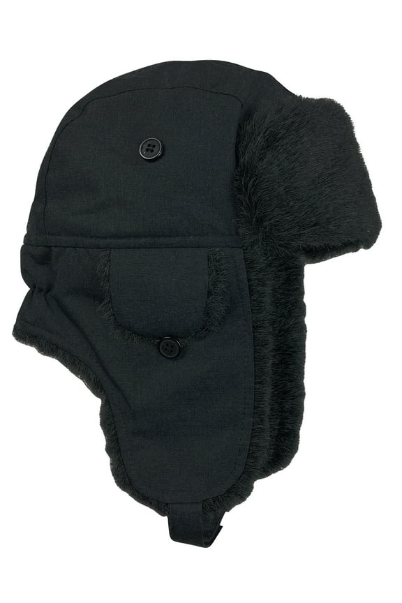 Men's Insulated Taslon Trapper Black Hat with Flaps - Winter Snow Ski Adults