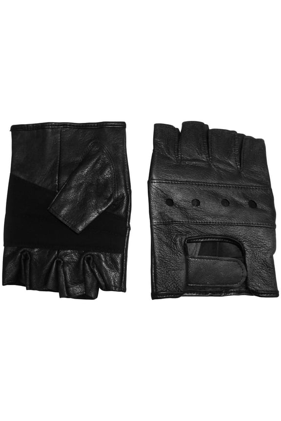 Mens Adults 100% Genuine Leather Biker Fingerless Black Gloves Vented Air Holes Male