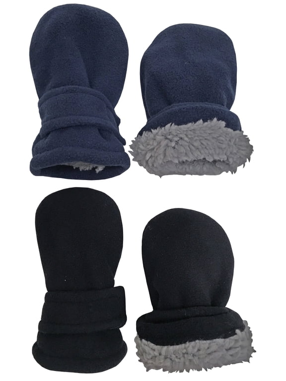 Toddler Baby Infant Mittens 2 Pairs Kids Sherpa Lined Fleece Easy-On, Boys Black & Navy