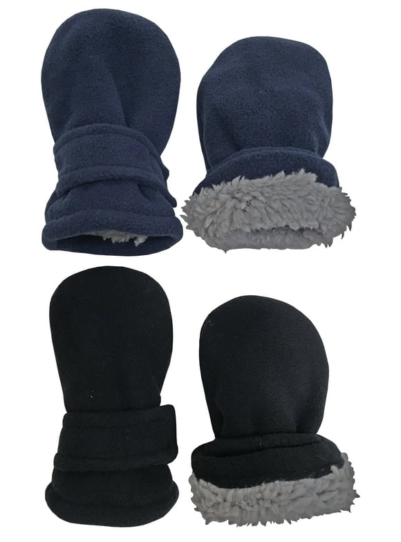 Toddler Baby Infant Mittens 2 Pairs Kids Sherpa Lined Fleece Easy-On, Boys Black & Navy