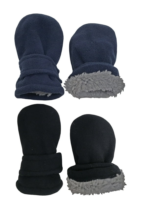 Toddler Baby Infant Mittens 2 Pairs Kids Sherpa Lined Fleece Easy-On, Boys Black & Navy