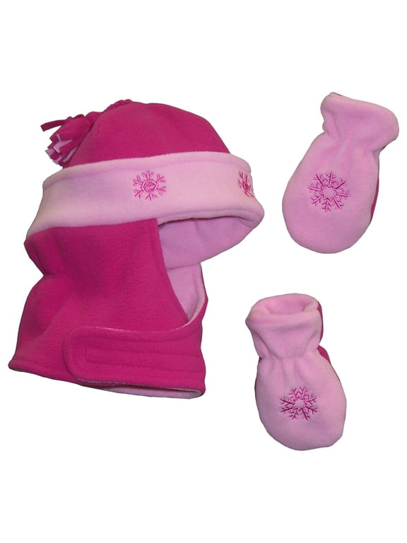 Toddler Girl's Double Layered Wrap Around Hat, Mitten Set, Fuchsia/Pink, 2-Piece