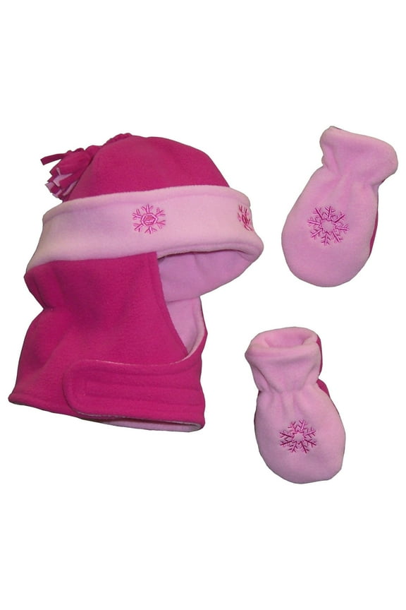 Toddler Girl's Double Layered Wrap Around Hat, Mitten Set, Fuchsia/Pink, 2-Piece