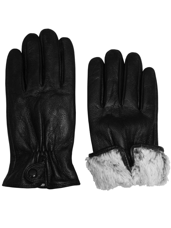Womens 100% Genuine Black Leather Winter Driving Gloves Plush Lining - Female Adults