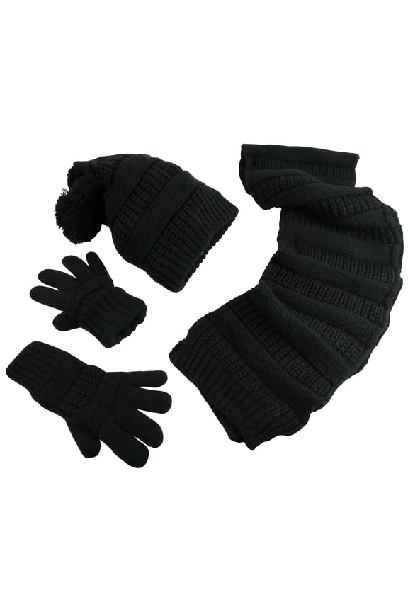 Womens Adults Ladies Fully Lined Knit Hat Scarf Gloves Winter Black 3 Piece Set
