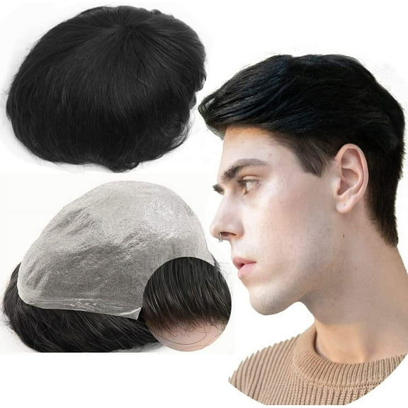 N.L.W 100% European Real Human Hair Mens Hairpieces 0.04mm Soft Thin Skin PU V-loop Hair men Toupee (#1B Off Black, 8x10")