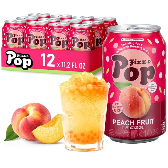 NLIFE Fizz & Pop Sparkling Popping Boba Drink, Juicy Peach Fruit Juice with Yogurt Style Bursting Pearls, Gut Health Support, Caffeine-Free, Non-GMO, Authentic Taiwanese Bubble Tea in a Can, 11.2 Fl