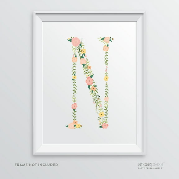 N Monogram Wall Art Letters, Coral Floral Roses