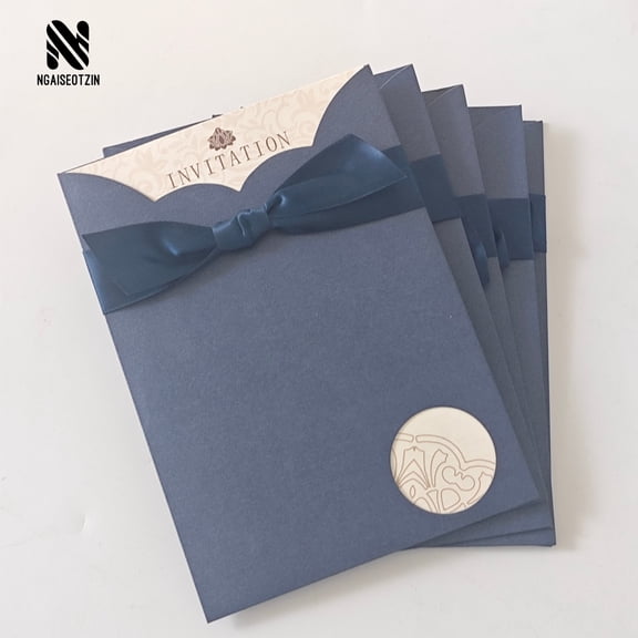 N NGAISEOTZIN Printed invitation cards Navy Blue, Elegant Design, with Ribbon and Seal, for Weddings, Parties, and Events