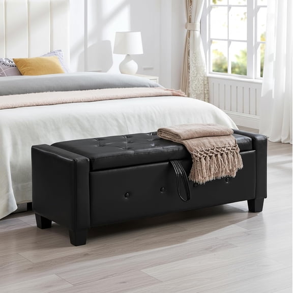 N NOORDENIYA 48" Faux Leather Ottoman with Storage, Tufted Storage Ottoman with Safety Hinge, Rectangular Extra Long for Bedroom, Living Room, Entryway and Window, Black
