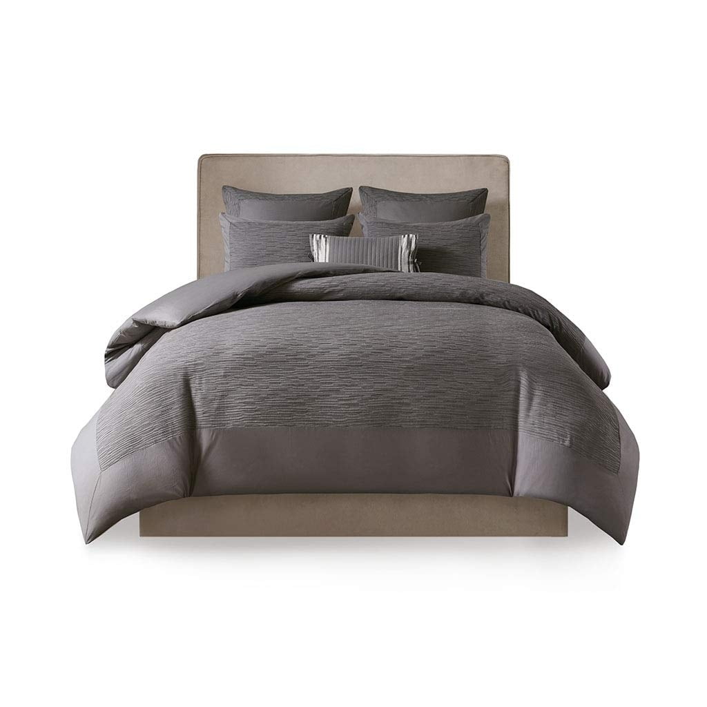 N Natori Hanae 3 Piece Cotton Blend Duvet Set Yarn Dyed Bedding Cover King/Cal King Size Grey