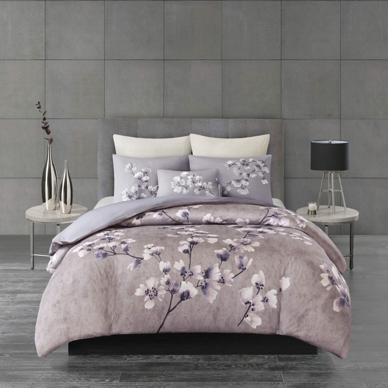 N Natori Sakura Blossom 3 Piece Cotton Sateen Printed Duvet Cover Set Lilac King