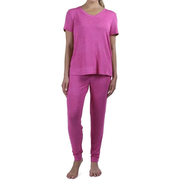 N Natori Women's Sweater Knit Short Sleeve Top & Jogger Lounge Set (Pink, L)