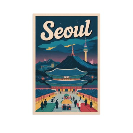 N Seoul Tower Classic Poster Retro Seoul Cityscape with Temples & Urban Energy Canvas Poster
