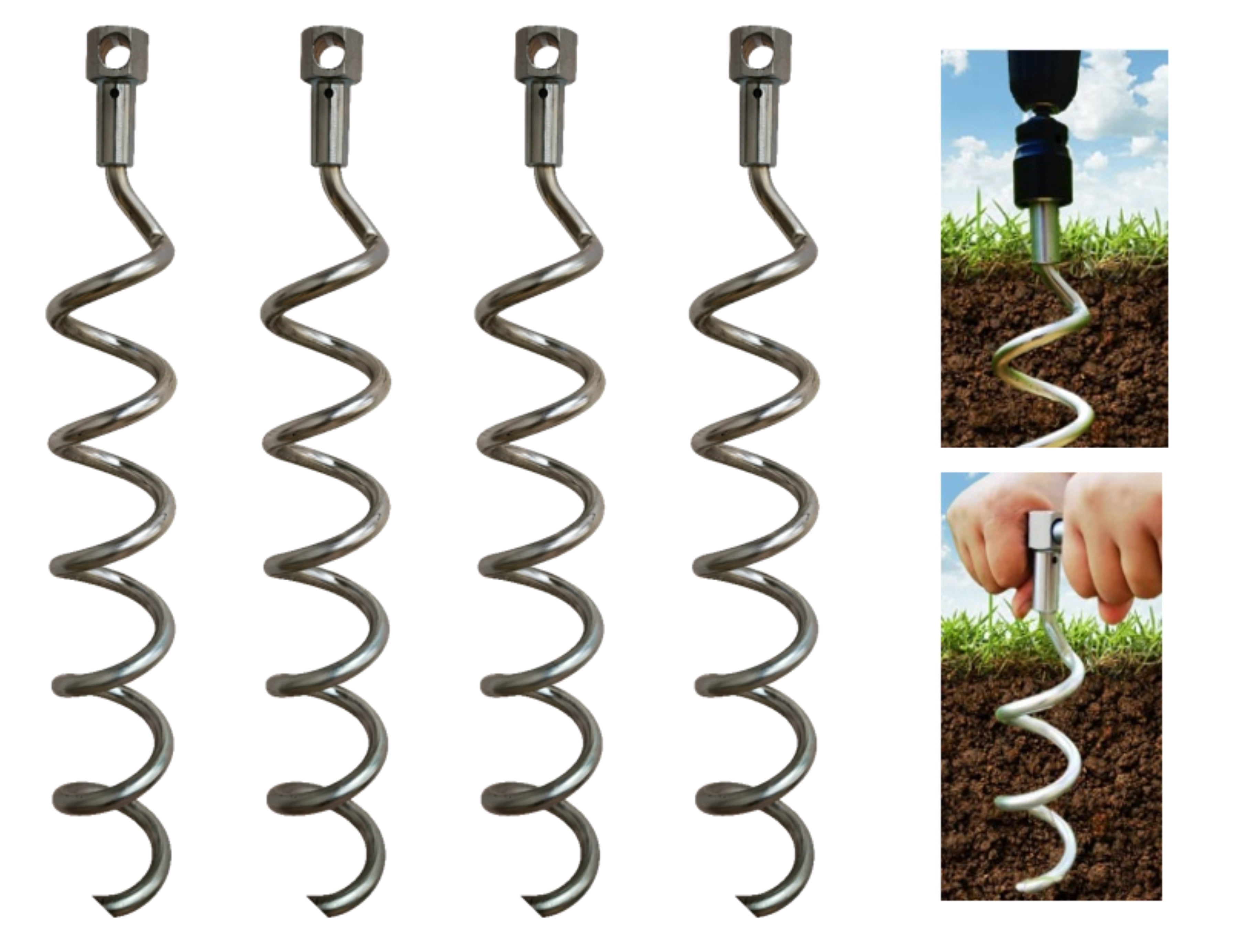 In N Out Spiral Ground Anchors  4 pcs - 16" Heavy Duty Ground Stake for securing Soccer Goals, Trampolines, Swing Sets, Out-Door Furniture, Canopies and More