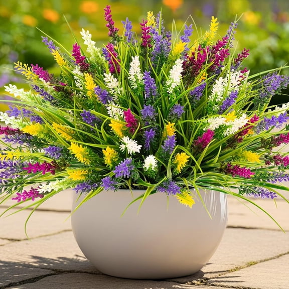 N&T NIETING 10 Bundles Artificial Plants Outdoor Fake Monkey Grass with Flowers for Pot Garden Verandah Easter Decor for Window Garden Office Patio Hanging Planter Pathway Front Porch (Mix Color 2)