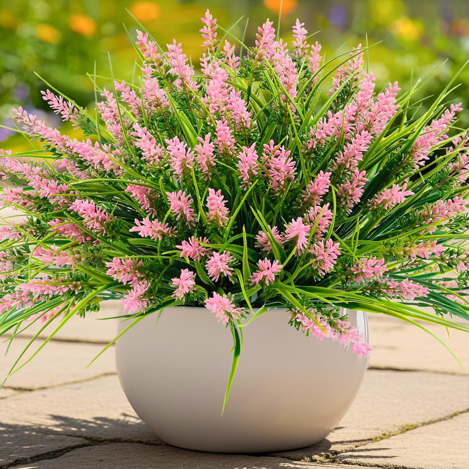 N&T NIETING 10 Bundles Artificial Plants Outdoor, Fake Monkey Grass with Flowers, UV Resistant Fake Plants for Garden Window Office Patio Hanging Planter Pathway Front Porch Home(Pink)