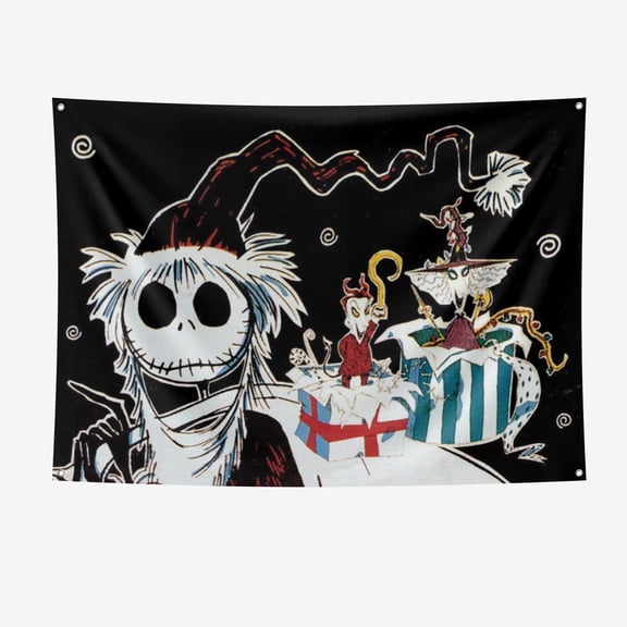 The N-ightmare Before Christmas Jack S-kellington Christmas Tapestry, Spooky Xmas Wall Hanging Banner with Movie Characters for Holiday Home Party Decor7*5ft