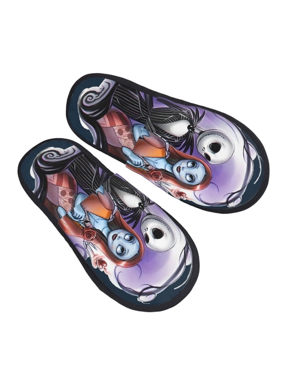 The N-ightmare Before Christmas Slippers, Jack S-kellington and Sally Together Forever Print Open Toe House Slippers, Non Slip Soft Indoor Slippers for Men Women Halloween Gift