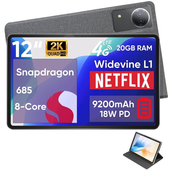 N-one Android 14 Tablet,20GB 128GB 12 inch FHD Screen, Qualcomm Snapdragon 8-Core 4G LTE SIM Cellular 2.4&5GHz WiFi 9200mAh 18W Fast Charger GPS for Work Study and Business