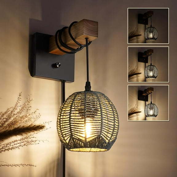 N01 100% Dimmer Wall Sconce with Hand Woven Rattan Boho Wall Lamp Farmhouse Wall Mount Light Fixture Plug in Wall Sconces for Bedroom Living Room Kitchen
