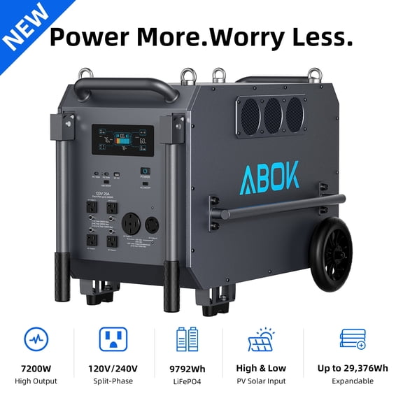 ABOK Ark7200 7200W Portable Power Station, 9792Wh LiFePO4 Solar Generator, 120V/240V Split-Phase Backup Power for Home, RV, Jobsite & Off-Grid Use