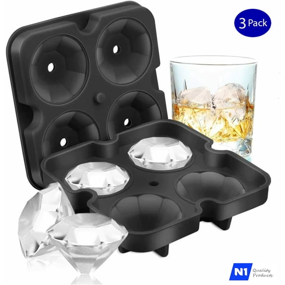 N1- Silicone 3D Diamond ICE Cube Tray Maker Mold Whiskey Cocktails (3 Pack), New