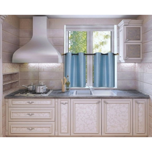 N25 Light Blue 1-Set Light Filtering Kitchen Window Curtain, 2 Faux Silk Tier Panels With Bronze Grommets on Top