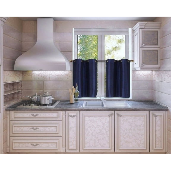 N25 Navy Blue 1-Set Light Filtering Kitchen Window Curtain, 2 Faux Silk Tier Panels With Bronze Grommets on Top