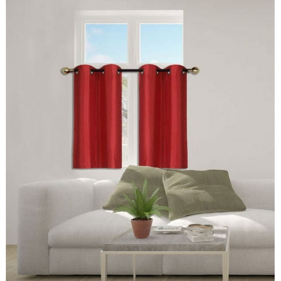 N25 Red 1-Set Solid Faux Silk Grommet Top Small Window Curtain, 2 Semi Sheer Tier Panels 30" W x 36" L (Each Tier)