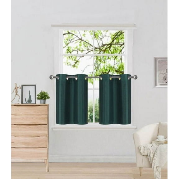 N29 Hunter Green 2-Piece Solid Faux Silk Short Window Curtain Set, Two (2) Grommets Panels 30" Wide x 24" Length Each