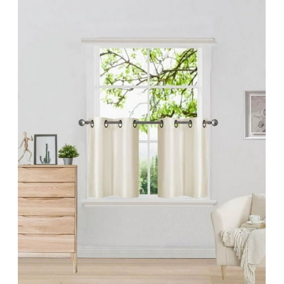 N29 Ivory 2-Piece Semi Sheer Plain Tier Curtains for Small Windows, Eyelet Top Lined Window Treatment Panels 60" Wide x 24" Length
