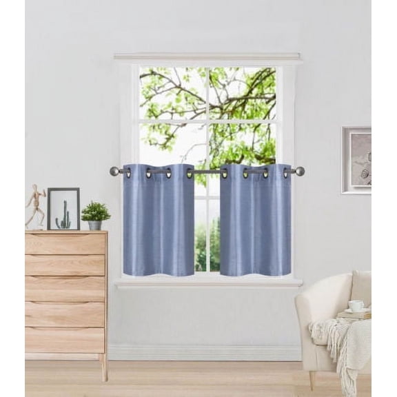 N29 Slate Blue 2-Piece Solid Faux Silk Short Window Curtain Set, Two (2) Grommets Panels 30" Wide x 24" Length Each