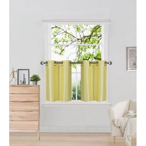 N29 Yellow 2-Piece Solid Faux Silk Short Window Curtain Set, Two (2) Grommets Panels 30" Wide x 24" Length Each