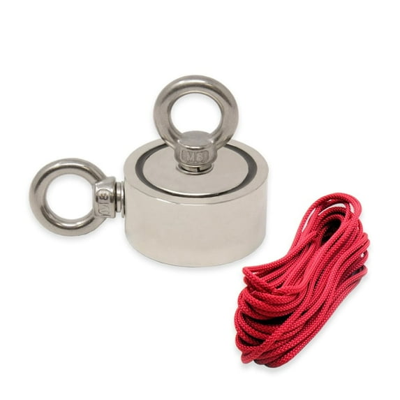 N42 Neodymium Pot Magnet with 2x M8 Eyebolts + 10m Rope - 60mm dia x 22mm - 264.6lbs Pull (Pack of 1)